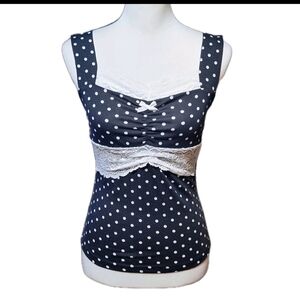 Polka Dots White Balck Medium Lace Bow Babydoll Top Fitted Y2K 90s 00s Goth